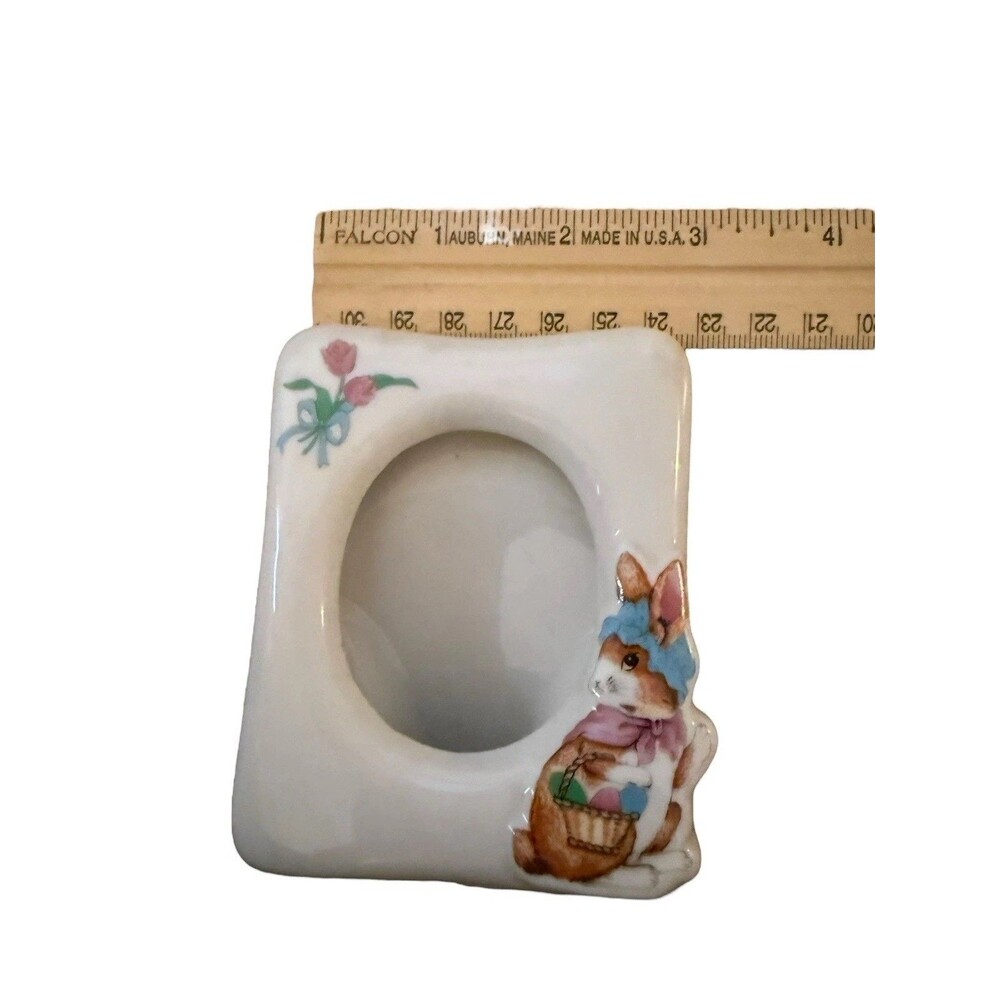 Vintage Porcelain Bunny Rabbit Photo Frame 5" Made in Japan 90s Easter Nursery